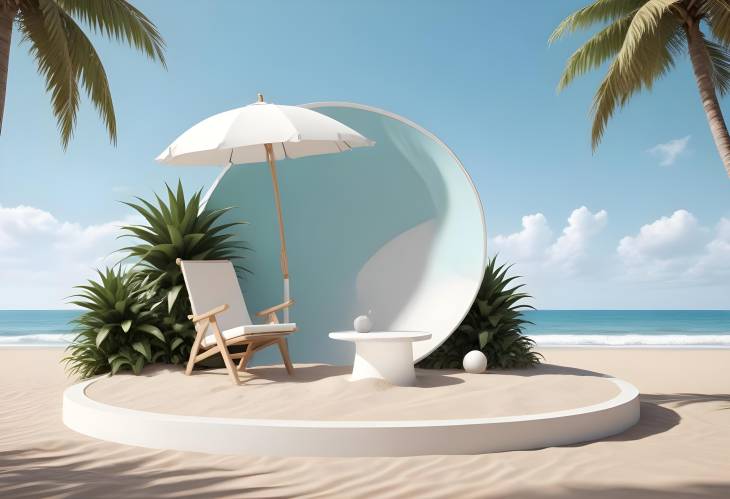 Minimal White Round Podium on Sand with Chair, Umbrella, Surfboard, Ball, and Plant under Blue Sky