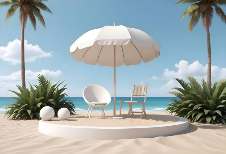 Minimal White Round Podium on Sand with Chair, Umbrella, Surfboard, Ball, and Plant under Blue Sky