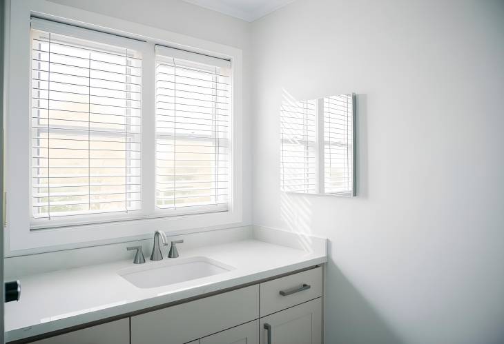 Minimalist bathroom with light counters, sink, and large mirror, providing a clean and bright envir