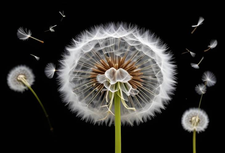 Minimalist Beauty White Dandelion Head with Floating Seeds