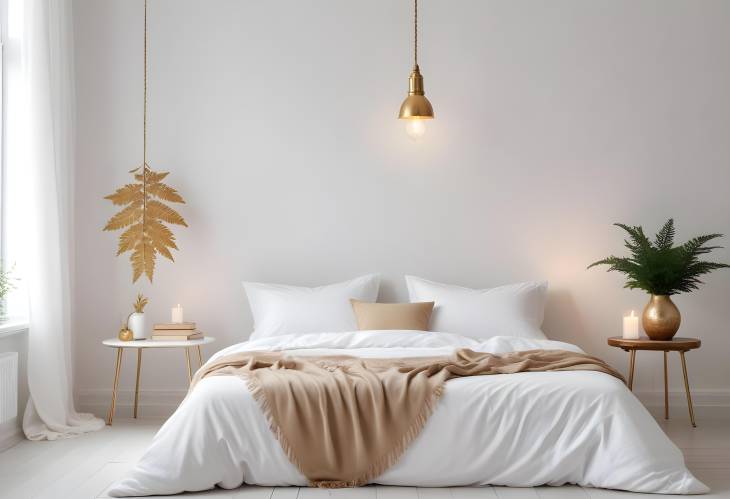 Minimalist Bedroom Design with Rope Hung Bulb Lamp, White Bedclothes, Books, and Gold Fern Leaf