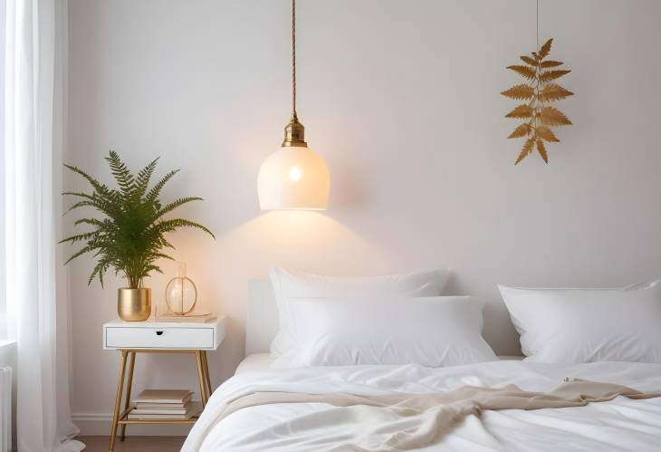 Minimalist Bedroom with Simple Bulb Lamp on Rope, White Bedding, Books, and Gold Fern Leaf on End Ta