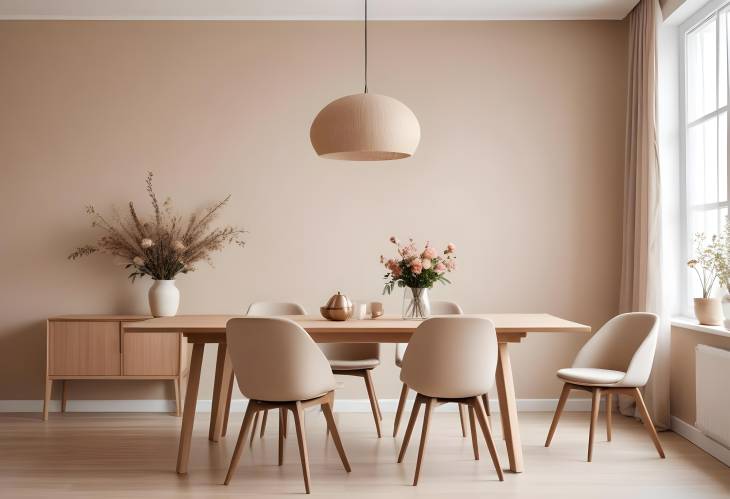 Minimalist Beige Dining Room with Elegant Table, Stylish Chairs, Pendant Lamp, and Modern Decor