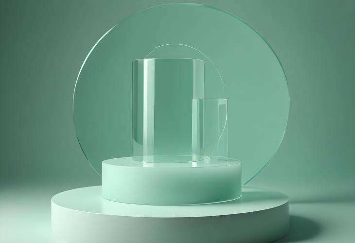 Minimalist Cylinder Scene with Glass Geometric Platform and Green Pastel Studio Background