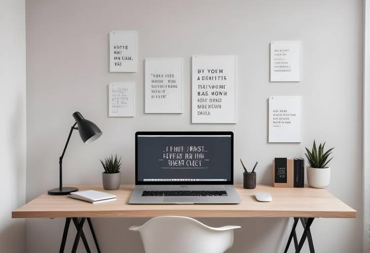 Minimalist Desk Setup with Modern Laptop and Inspirational Quotes Wall Art for Home Office