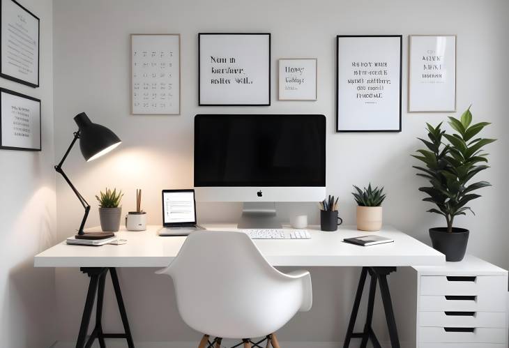 Minimalist Desk with Clean Lines, Modern Laptop, and Inspirational Quotes Wall Art