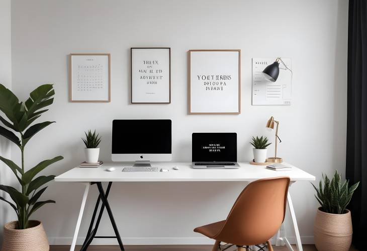 Minimalist Desk with Modern Laptop and Inspirational Quotes Art for a Productive Workspace