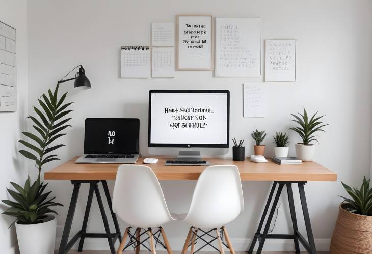 Minimalist Desk with Modern Laptop and Inspirational Quotes for a Stylish Workspace