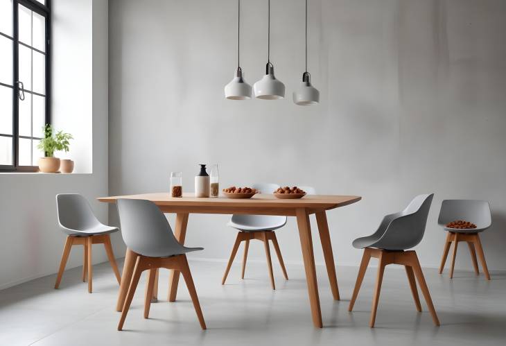 Minimalist Dining Room Wooden Family Table, Modern Chairs, Nuts Plate, and Shakers on Concrete Floor