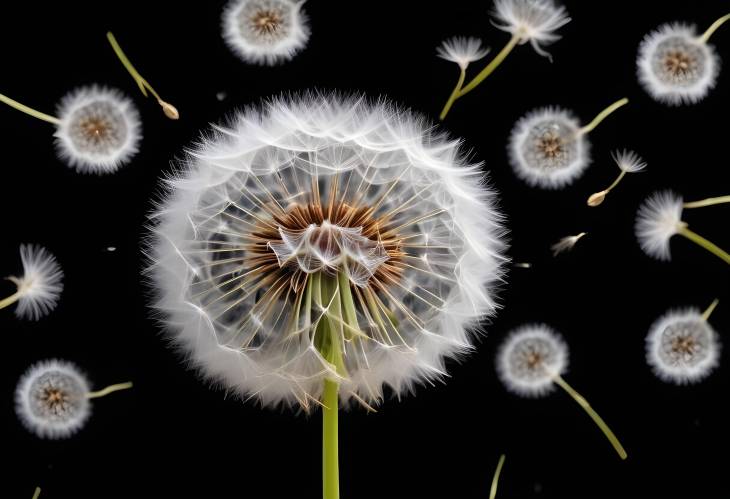 Minimalist Elegance White Dandelion and Seeds on Black