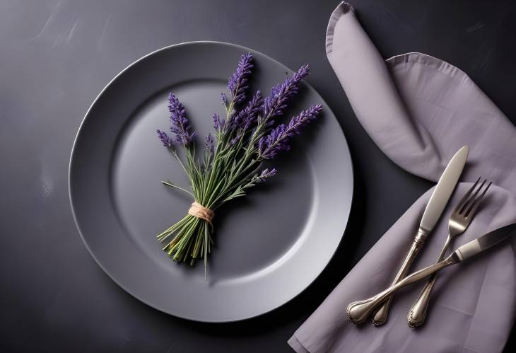 Minimalist gray dining setup with lavender bouquet on dark background