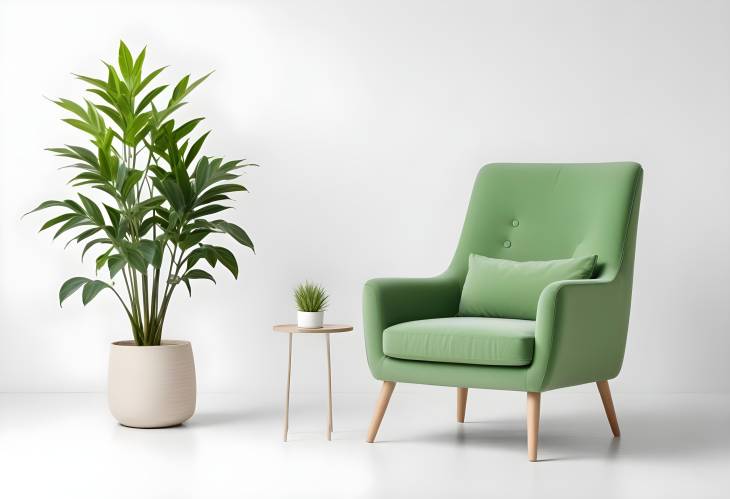 Minimalist Green Armchair with a Plant Isolated Against a White Background