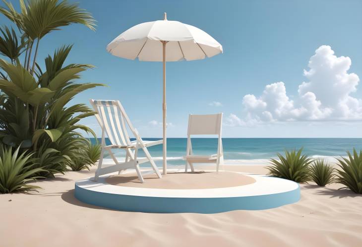 Minimalist Scene with White Round Podium, Chair, Umbrella, Surfboard, Ball, and Plant on Beach Sand