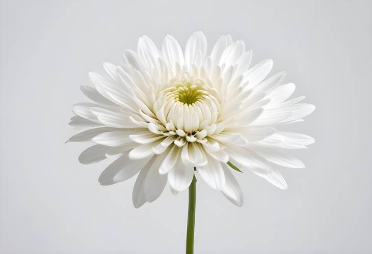 Minimalist White Chrysanthemum Flower with Stem, Isolated on White Background