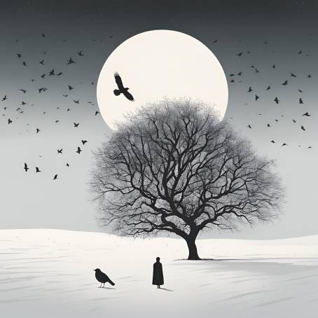 Minimalist Winter Scene Tree, Snowy Field, and Flock of Black Birds