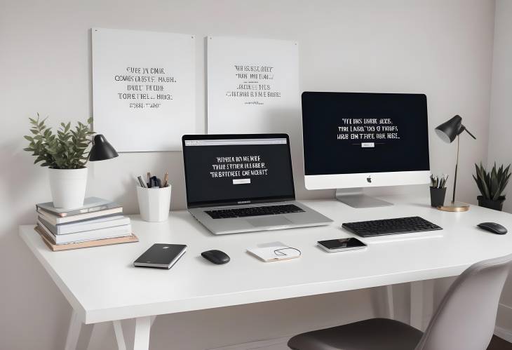 Minimalist Workstation with Clean Desk, Modern Laptop, and Inspirational Quotes on Wall