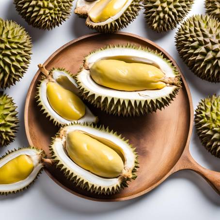 Minimalistic Durian on Wooden Plate Studio Background in White