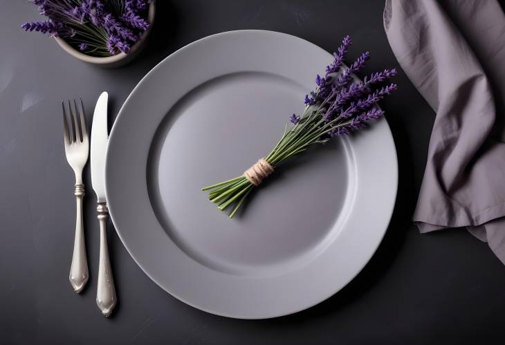 Minimalistic gray plate setting with lavender and napkin on dark background