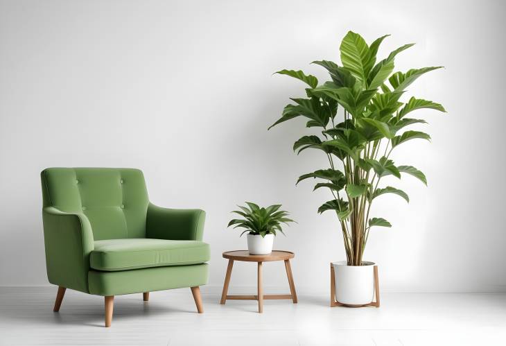 Minimalistic Green Armchair with a Small Plant on a White Isolated Background