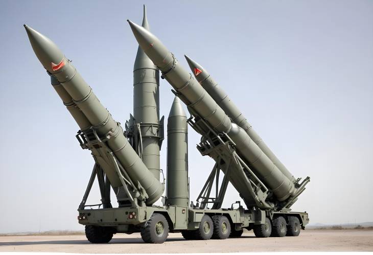 Missile Launcher Complex with Four Rockets for Air Defense Ready to Launch