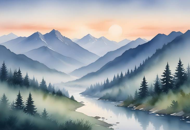 Misty Dawn Mountains A Watercolor Journey Through Tranquil Natural Beauty