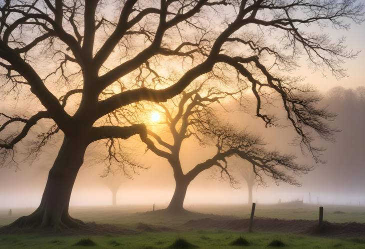 Misty Morning Sunrise Oak Tree in Grohberg Nature Reserve, Bavaria, Germany