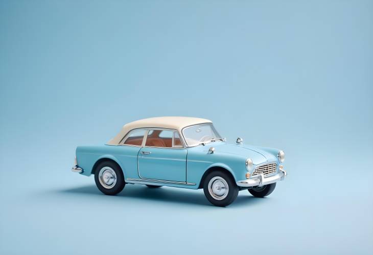 Model Retro Toy Car on Pastel Blue Background, Miniature Car with Copy Space