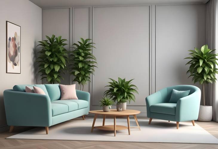 Modern 3D Furniture Rendering Sofa and Green Plant in Virtual Interior Design Space