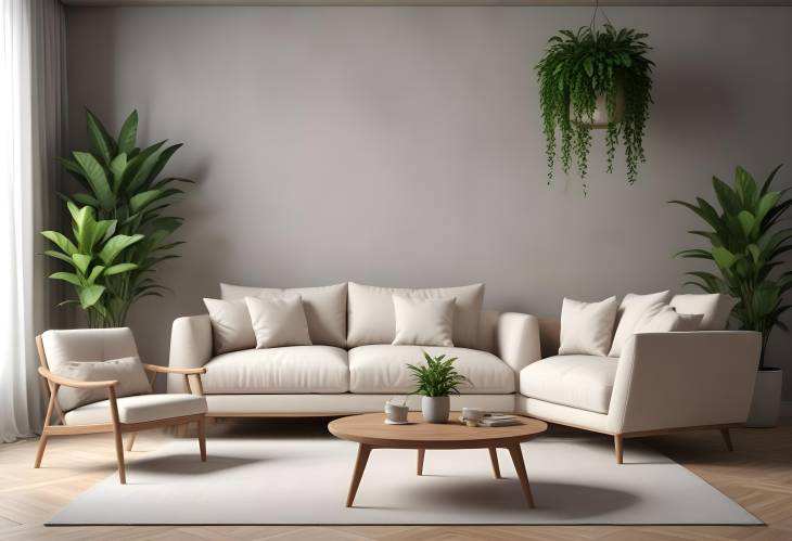 Modern 3D Interior Setup Stylish Sofa and Green Plant in Virtual Space