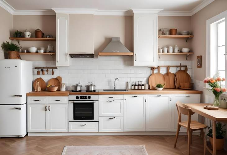 Modern and Classic Kitchen White Cabinets, Wooden Countertop, Vintage Fridge, and Decor