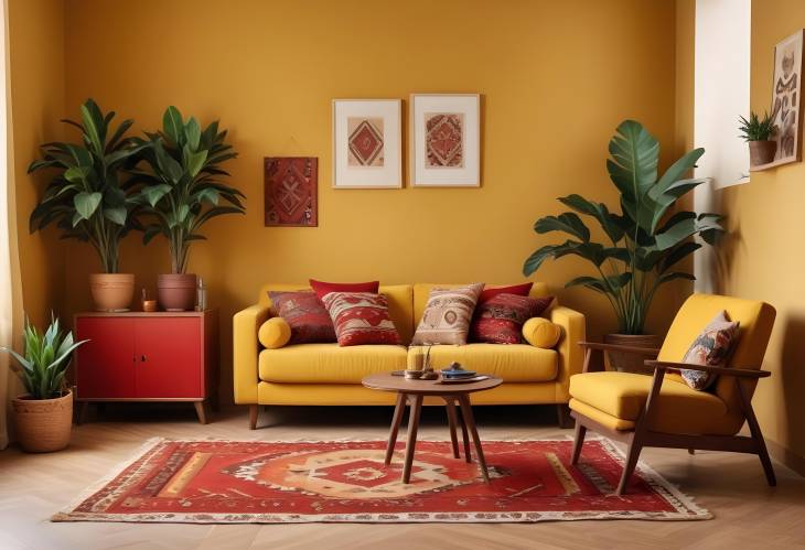 Modern and Cozy Living Room with Kilim Rug, Red Armchair, and Wooden Sideboard  Elegant Design