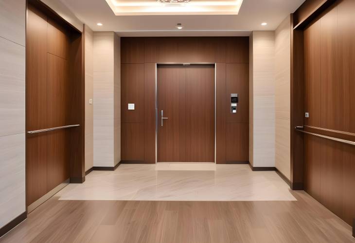 Modern apartment entrance with elevator and wood accented lobby design