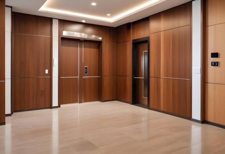 Modern apartment lobby with wooden finishes and elevator access