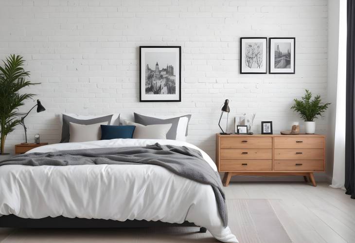 Modern Bedroom Interior Comfy Bed, Bedside Tables, Chest of Drawers, and Art on Brick Wall