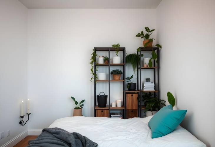 Modern bedroom with bed, shelves, candles, and houseplants, creating a serene and cozy atmosphere