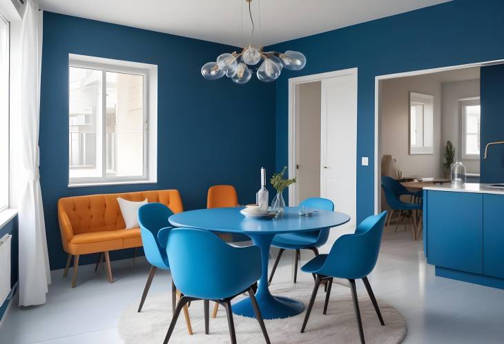 Modern Bright Dining Room Blue Table and Chairs in a Chic Flat Interior Design