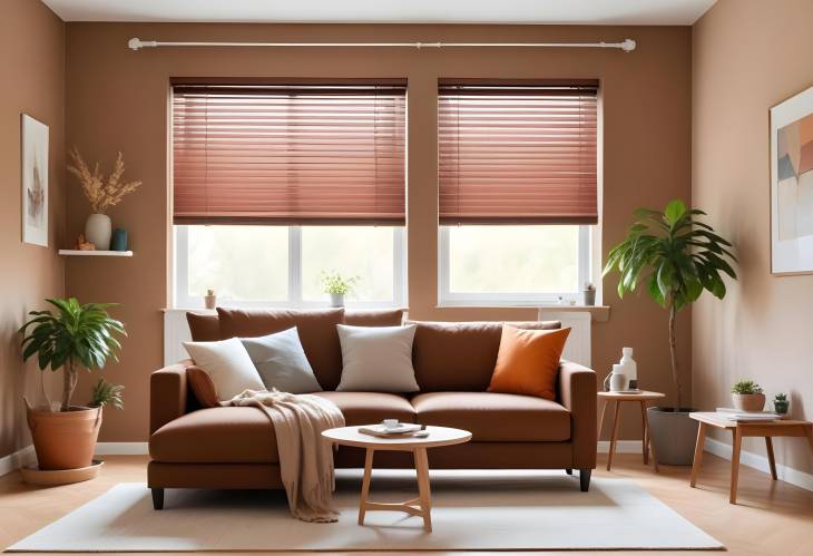 Modern Bright Living Room with Cozy Brown Couch, Art, and Spacious Window with Blinds