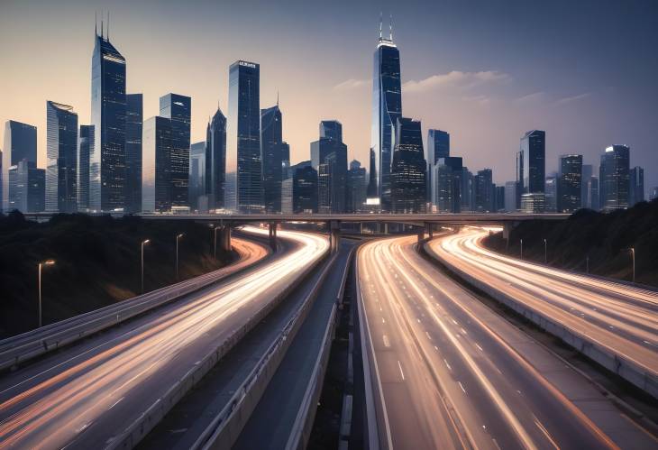 Modern Buildings and Highway City Skyline with Urban Landscape at Night