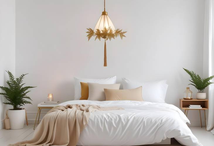 Modern Bulb Lamp on Rope Hanging Above White Bed with Books, Gold Fern Leaf on End Table in Bright