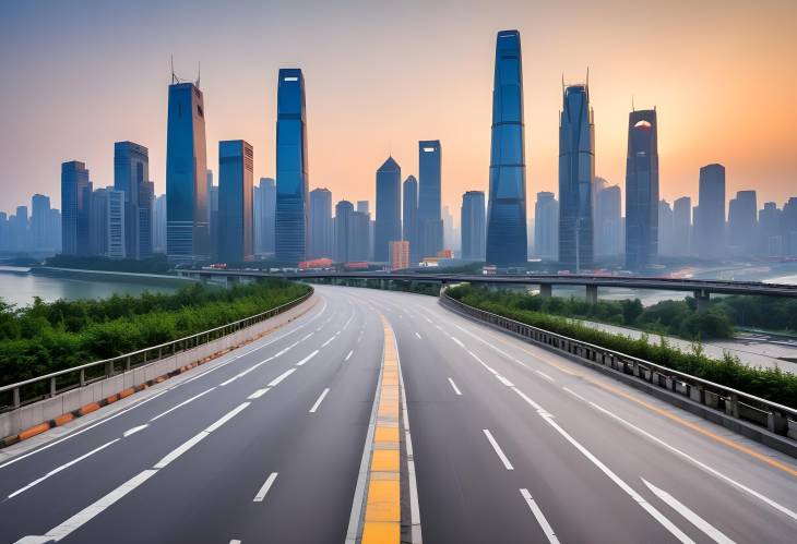 Modern Chongqing Skyline at Sunrise Asphalt Road Square and Urban Scene