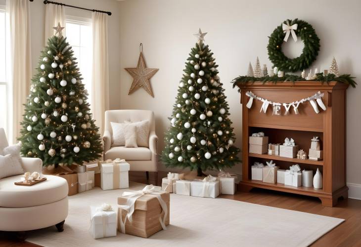 Modern Christmas Living Room with Artificial Tree, Decorated with Garlands and Wooden Credenza