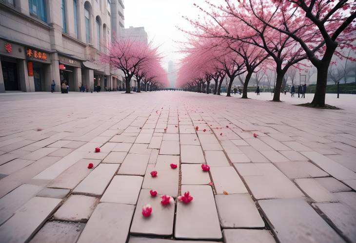 Modern City Square Meets Plum Blossom Elegance A Harmonious Urban Scene