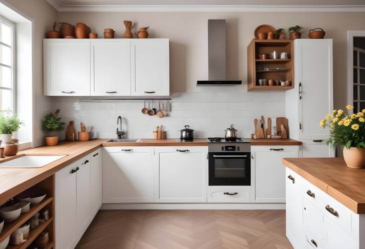 Modern Classic Kitchen White Cabinets, Wooden Countertop, Vintage Fridge and Decor