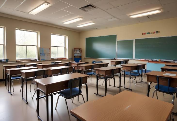 Modern classroom interior with desks neatly arranged, promoting a focused and efficient study space