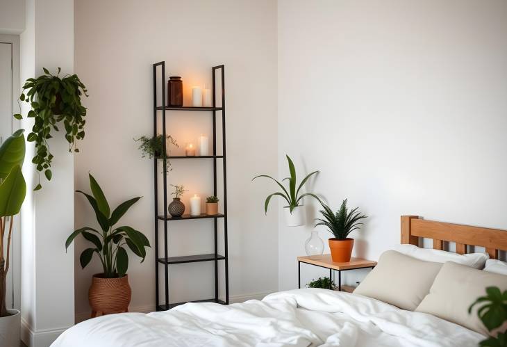 Modern cozy bedroom with bed, shelving, candles, and houseplants, designed for comfort and serenity