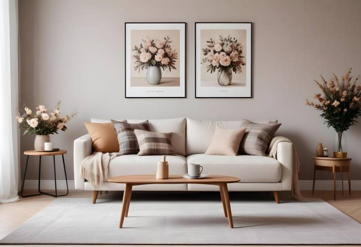 Modern Cozy Living Room Elegant Sofa, Coffee Table, Dried Flower, and MockUp Poster in Stylish Decor