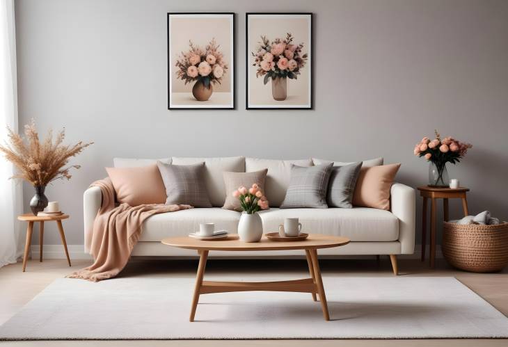 Modern Cozy Living Room with Stylish Decor Sofa, Coffee Table, Dried Flowers, and MockUp Poster