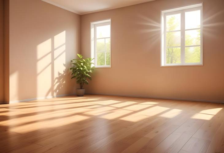 Modern Cozy Room with Sunlight and Leaf Shadows Empty Background for MockUp on Wooden Parquet Floor