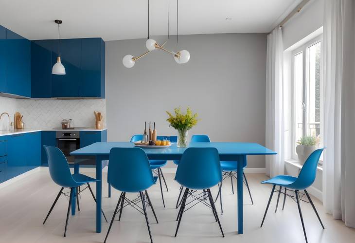 Modern Dining Room with Blue Table and Chairs Bright Flat Interior Design for Stylish Living