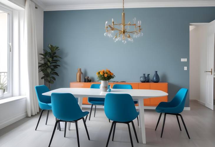 Modern Dining Room with Blue Table and Chairs Bright Flat Interior Design